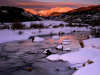 Tramonto, sul, fiume, innevato